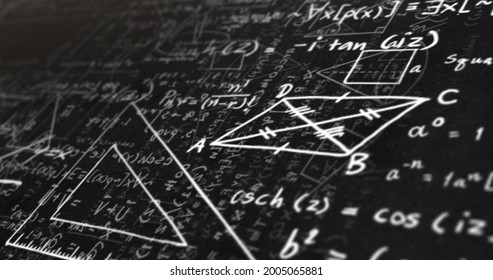 Digital image of mathematical equations and diagrams moving against black background. mathematical information flow concept