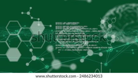 Digital image of medical data processing and network of connections against green background. computer interface and medical research technology concept
