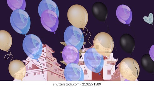 Digital image of multiple balloons floating over ancient pagoda against black background. celebration and architecture concept