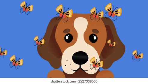 Digital image of multiple butterfly floating over dog face icon on blue background. national pet month awareness concept - Powered by Shutterstock