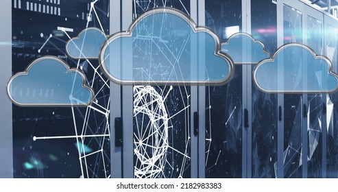 Digital Image Of Multiple Cloud Icons Over Network Of Connections Against Multiple Servers. Global Networking And Connection Concept