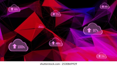 Digital image of Multiple cloud icons with arrow and increasing percentage over multi color plexus network against black background. Global networking and connection concept