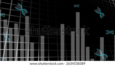 Digital image of multiple dna structures over statistical data processing on black background. Computer interface and business technology concept