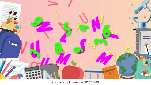 Digital image of multiple school concept icons against multiple numbers and alphabets on pink background. school and education concept