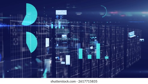 Digital image of multiple screens with data processing against spot of light on blue background. computer interface and technology concept