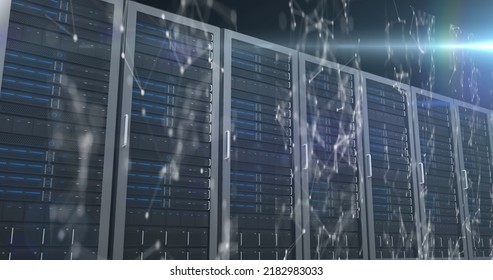 Digital Image Of Network Of Connections And Glowing Spot Of Light Against Multiple Servers. Global Networking And Online Security Concept