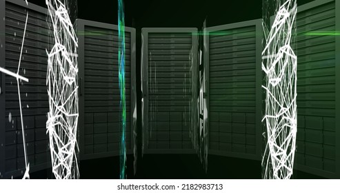 Digital Image Of Network Of Connections Spinning Over Multiple Servers Against Black Background. Global Networking And Online Security Concept