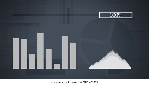 Digital Image Of Random Vector Graphical Charts, Fluctuating Bar Graph And Stacked Area Chart, And Loading Image