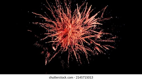 Digital Image Of Red Fireworks Exploding Against Black Background. 4k