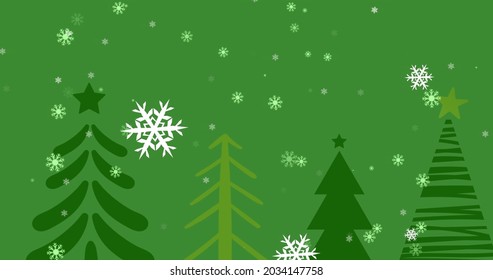 Digital Image Of Snowflakes Falling Against Multiple Christmas Trees On Green Background. Christmas Festivity Celebration Tradition Concept