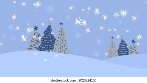 Digital Image Of Snowflakes Falling Over Multiple Christmas Trees On Winter Landscape. Christmas Festivity Celebration Tradition Concept