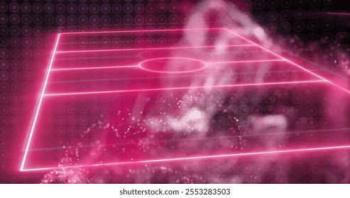 Digital image of soccer field with glowing pink lines and particles. sports, futuristic, neon, virtual, technology, graphic - Powered by Shutterstock