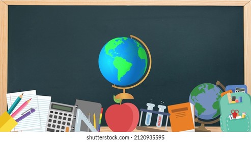 Digital Image Of Spinning Globe Icon Over Multiple School Concept Icons On Black Board. Back To School And Education Concept