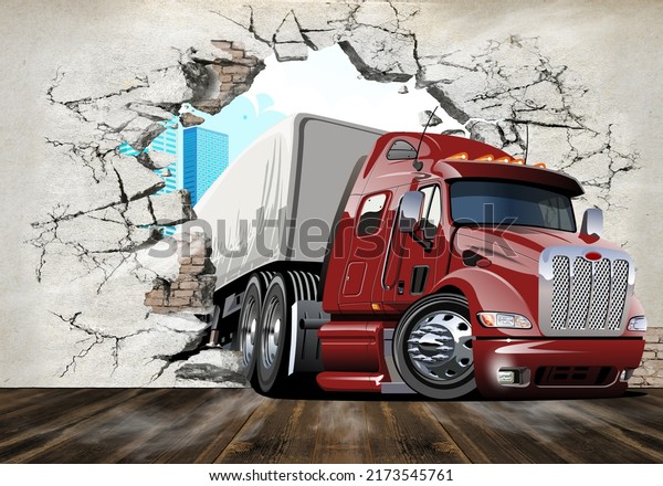 Digital image, the truck smashed the wall. 3d image. 3d wallpaper on the wall in the children's room.