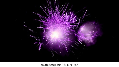 Digital Image Of Violet Fireworks Exploding Against A Black Background. 4k