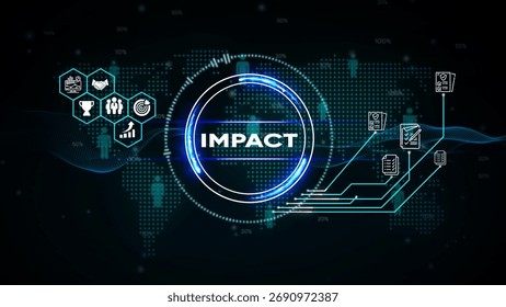 Digital impact concept with global map and icons representing business and achievement effect influence
