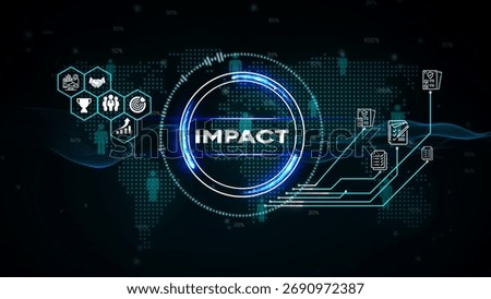 Digital impact concept with global map and icons representing business and achievement effect influence