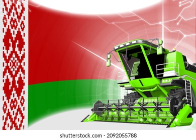 Digital Industrial 3D Illustration Of Green Advanced Farm Combine Harvester On Belarus Flag - Agriculture Equipment Innovation Concept