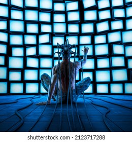 Digital information overload - 3D illustration of male figure wearing virtual reality helmet sitting in front of wall of glowing blank computer monitors