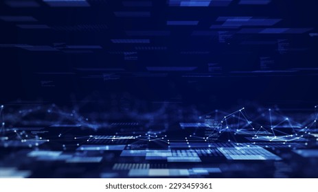 Digital information technology concept. Cybersecurity and protection system from online crime threats. Data Analytics or Data Science. Binary code polygons connected on dark blue background.