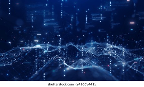 Digital information technology concept. Cybersecurity and protection system from online crime threats. Data Analytics or Data Science. Binary code polygons connected on dark blue background.