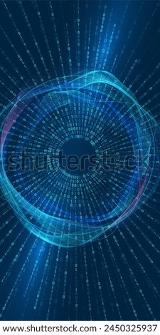 Digital innovation, technology, big data, AI. Abstract binary shape with circular wave element for design on theme of technology, artificial intelligence. Vertical. Copy space