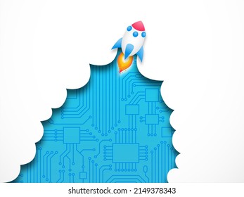 Digital Innovation And Transformation Concept. Concept Of Rapid Acceleration Of IT Business. Illustration Of Cartoon Rocket Take-off With Circuit Board In Background. 