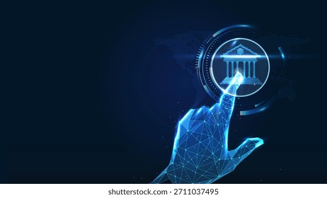 digital interface featuring a hand interacting with a virtual bank icon, symbolizing innovation in finance.