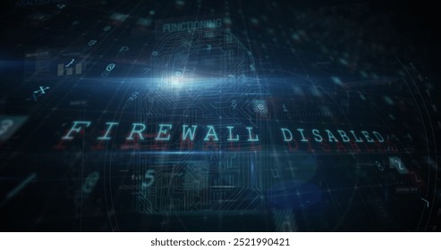 Digital interface with FIREWALL DISABLED text displayed prominently. The background features various data and code elements, suggesting cybersecurity context