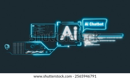 A digital interface with neon outlines shows "AI" and "AI Chatbot" in a speech bubble, alongside command prompts and graphs on a black background, reflecting AI and software.