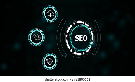Digital interface with seo brain cloud and shield icons on dark background search engine
