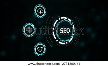 Digital interface with seo brain cloud and shield icons on dark background search engine