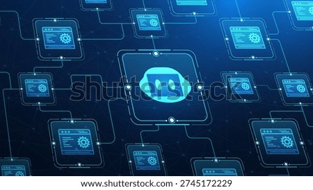 A digital interface showcasing interconnected systems with artificial intelligence elements. Vibrant blue accents enhance modern tech aesthetics.