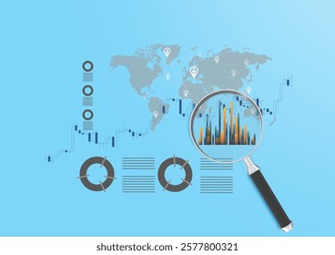 A digital interface with a world map, magnifying glass, charts, and graphs, symbolizing global data analysis, business insights, technology, finance, innovation, and data-driven decision-making.