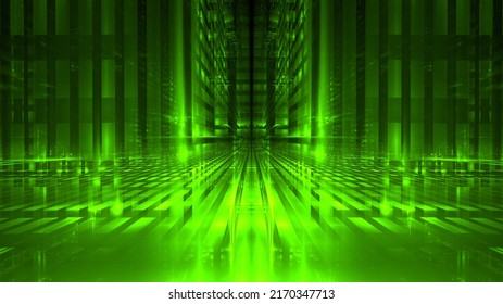 Digital interior building Hi tech Abstract data center server tonel. Business technology blurred Polygonal geometric digital cyberpunk space, color light. 3D render