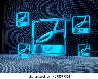 digital internet 3d rendering of a pdf symbol constructed out of electronic faces in cyber space. 