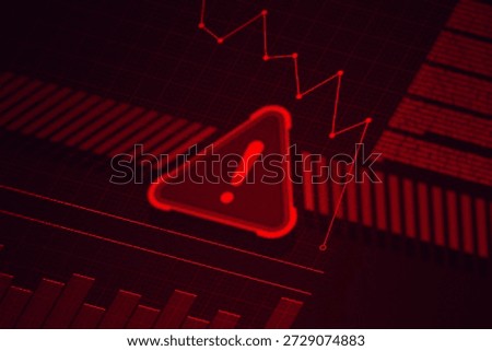 Digital isometric background red warning alert icon and decreasing stock market graph, economic crisis, financial risk, and market crash.
