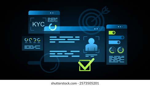 Digital KYC interface displaying forms, user data, approval box, and charts on dark background. Concept of identity verification and user authentication