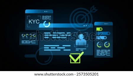 Digital KYC interface displaying forms, user data, approval box, and charts on dark background. Concept of identity verification and user authentication