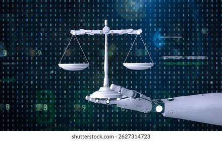 Digital law concept with 3d rendering ai robot hold law scale with graphic display
