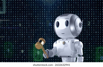 Digital law concept with 3d rendering ai robot hold gavel judge with graphic display
