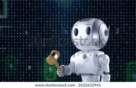 Digital law concept with 3d rendering ai robot hold gavel judge with graphic display