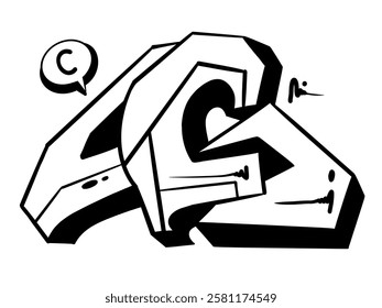 digital letter c, digital font c with cool graffiti style and black and white color