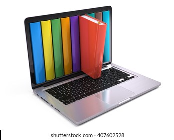 Digital Library And Online Education Concept - Laptop Computer With Colorful Books. 3d Rendering