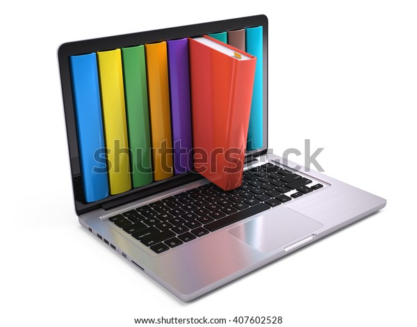 デジタル ライブラリとオンライン教育のコンセプト カラフルな本を持つノートパソコン 3dレンダリング のイラスト素材