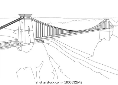 A digital line drawing Clifton suspension bridge over river Avon  Bristol  UK