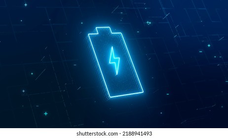 Digital Lithium-ion Rechargeable Battery Symbol, High Voltage Charging Energy Storage With Glowing Blue Neon Lightning Particle Icon, 3d Rendering Futuristic Alternative Energy Technology Concept