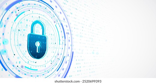 Digital lock icon in the center with binary code surrounding it on a white background. Concept of cybersecurity and data protection. 3D Rendering