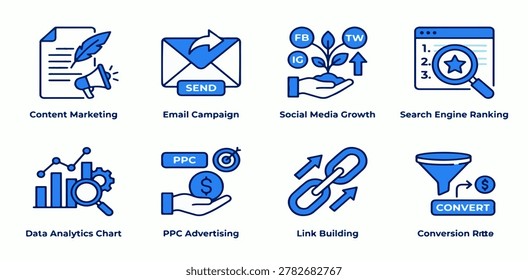Digital marketing and search engine optimization icons for online business growth strategy. - Powered by Shutterstock - Get 15% off with code: PIKWIZARD15