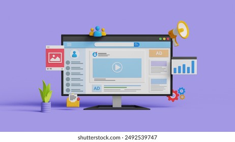 Digital marketing, social media advertising, SEO, PR via social media to drive sales or brand awareness concept. 3D social media page on computer with marketing icons - Powered by Shutterstock